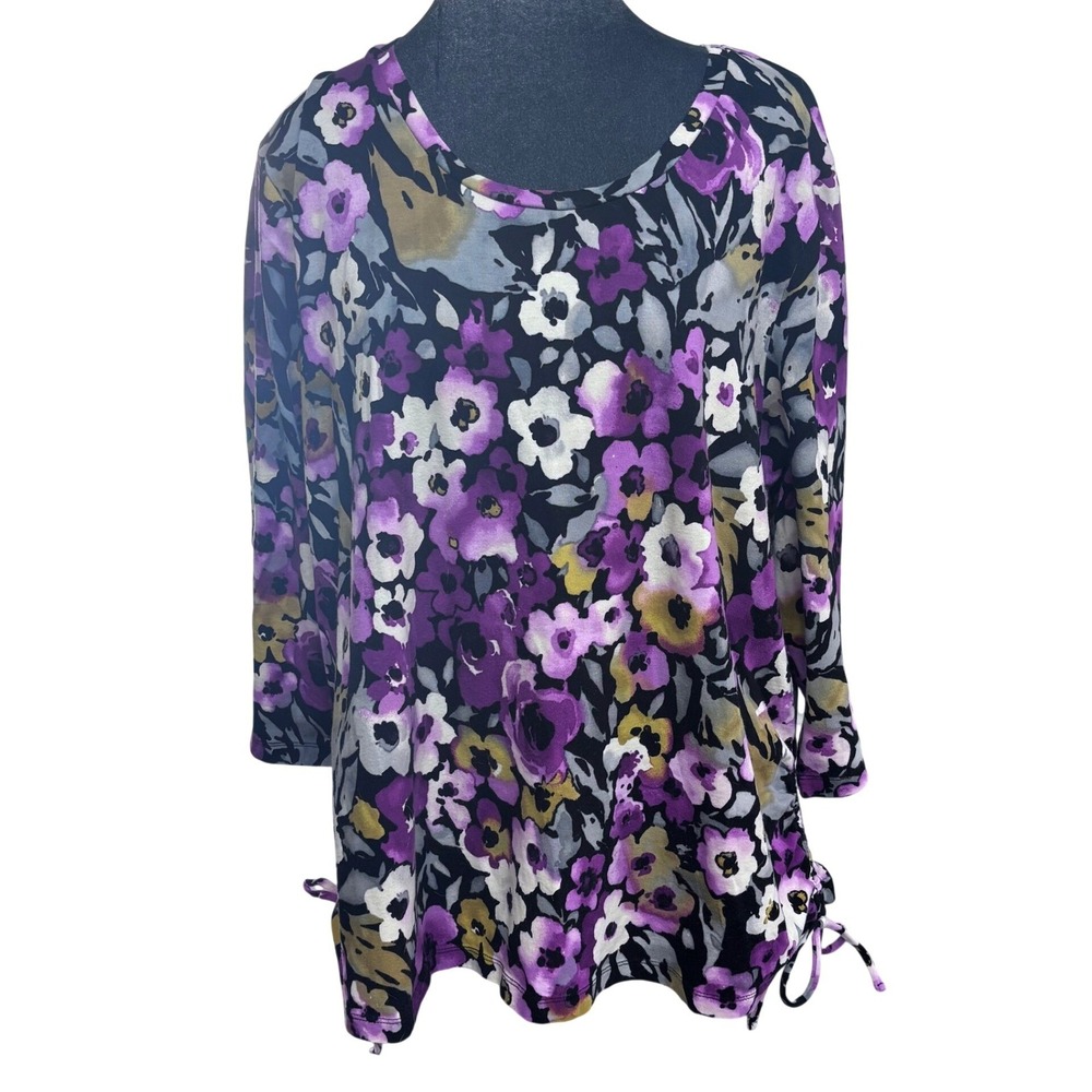 Caribbean Joe Wmns Floral Tunic Top Purple Cinched Side Tie 2X